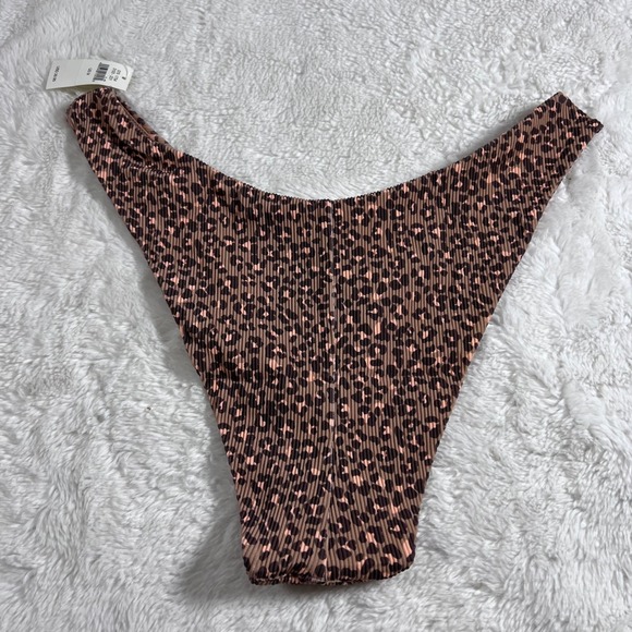 Aerie Cheekiest High Cut Bikini Bottom Leopard Print Ribbed Crinkle Brown Medium - Picture 5 of 11